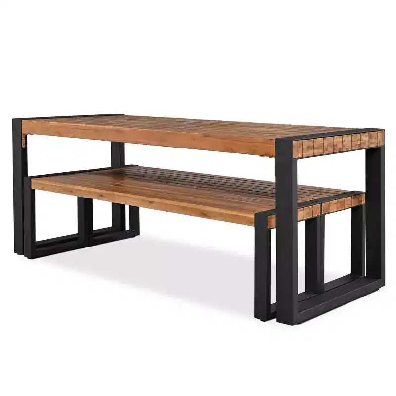 3pcs Patio Dining Set, Outdoor Dining Table With 2 Benches, Acacia Wood Top & Steel Frame, All Weather, Outdoor & Indoor, Natural -ModernLuxe