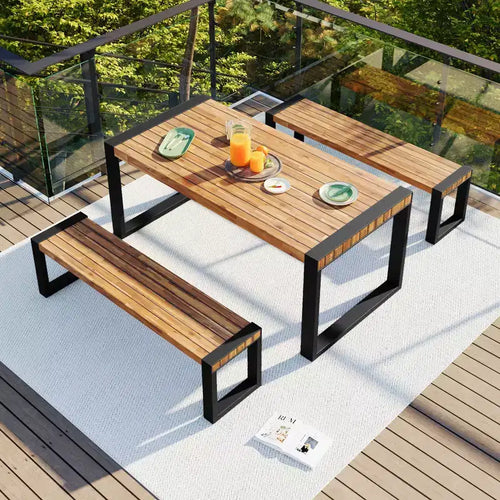 3-teiliges Essplatz-Set für die Terrasse, Esstisch für den Außenbereich mit 2 Bänken, Akazienholzplatte und Stahlgestell, wetterfest, für Außen- und Innenbereich, Natur - ModernLuxe