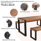 3pcs Patio Dining Set, Outdoor Dining Table With 2 Benches, Acacia Wood Top & Steel Frame, All Weather, Outdoor & Indoor, Natural -ModernLuxe