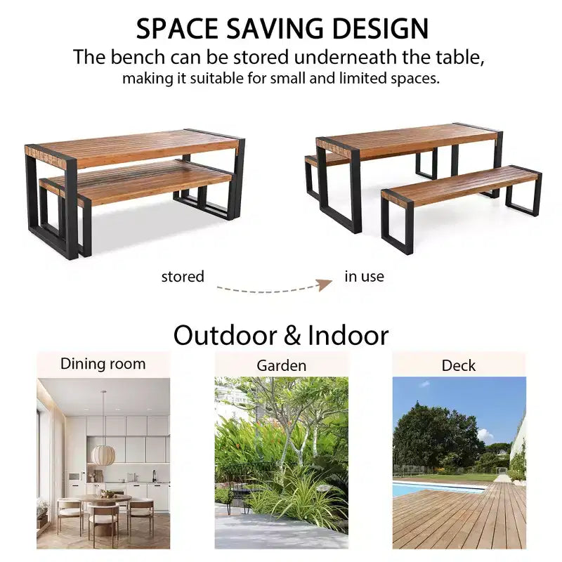 3pcs Patio Dining Set, Outdoor Dining Table With 2 Benches, Acacia Wood Top & Steel Frame, All Weather, Outdoor & Indoor, Natural -ModernLuxe