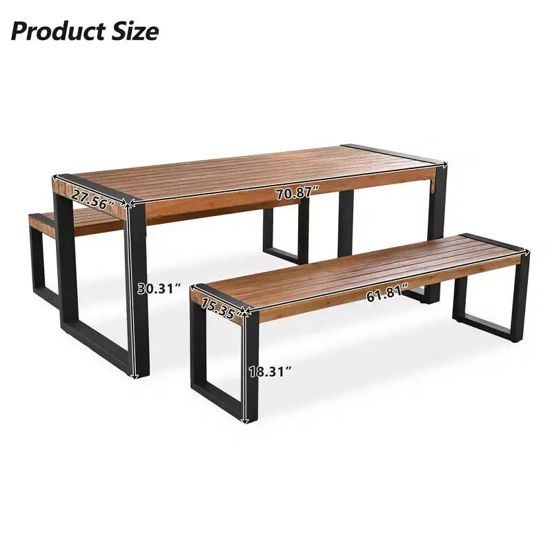 3pcs Patio Dining Set, Outdoor Dining Table With 2 Benches, Acacia Wood Top & Steel Frame, All Weather, Outdoor & Indoor, Natural -ModernLuxe