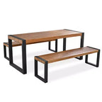 3pcs Patio Dining Set, Outdoor Dining Table With 2 Benches, Acacia Wood Top & Steel Frame, All Weather, Outdoor & Indoor, Natural -ModernLuxe