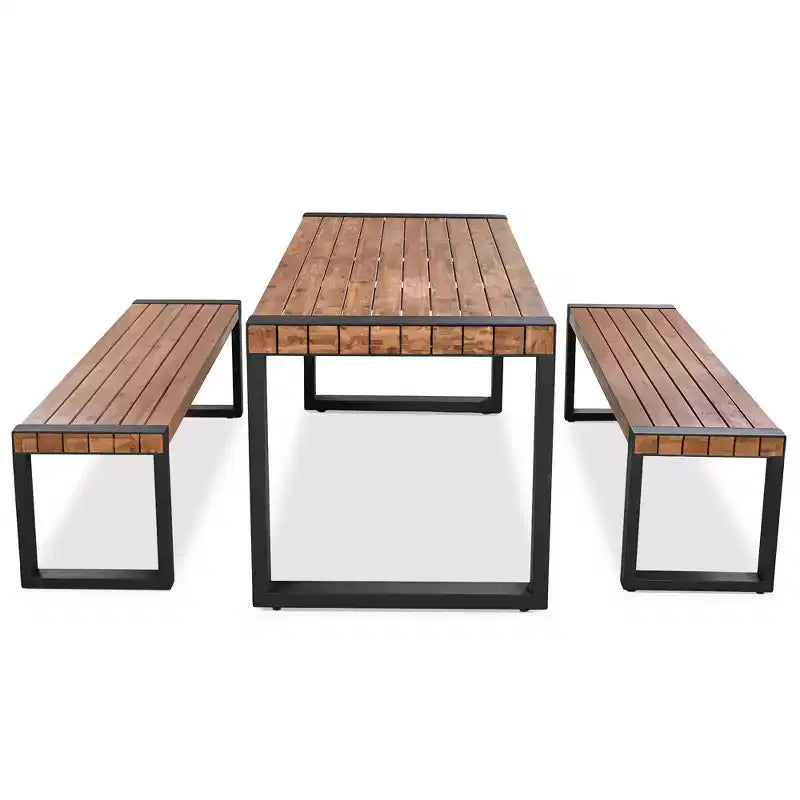 3pcs Patio Dining Set, Outdoor Dining Table With 2 Benches, Acacia Wood Top & Steel Frame, All Weather, Outdoor & Indoor, Natural -ModernLuxe