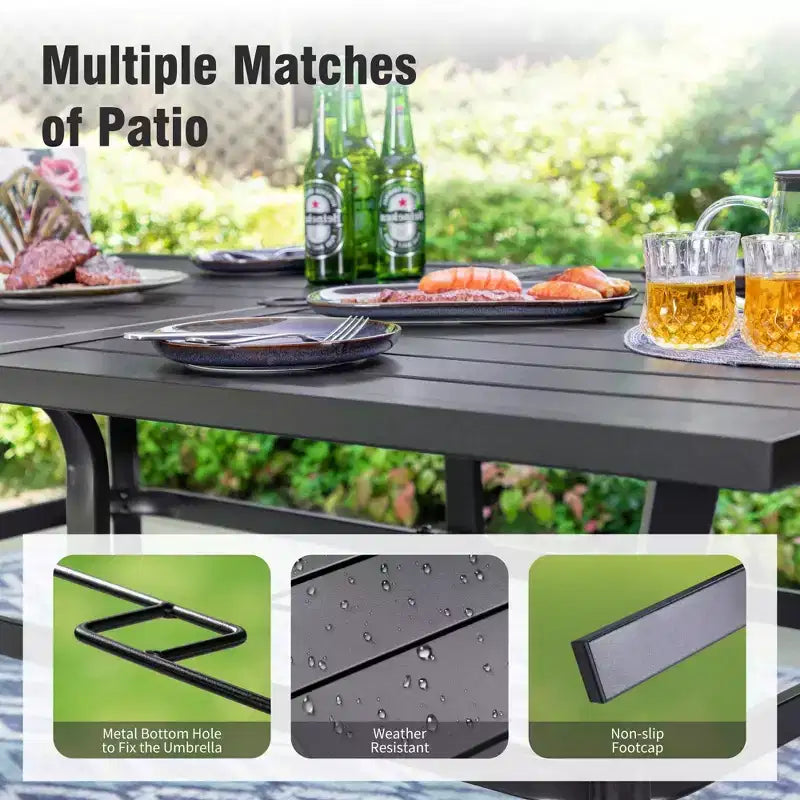 Captiva Designs 8pc Patio Dining Set with Rectangular Steel Table & Black Steel Chairs & Beige Umbrella