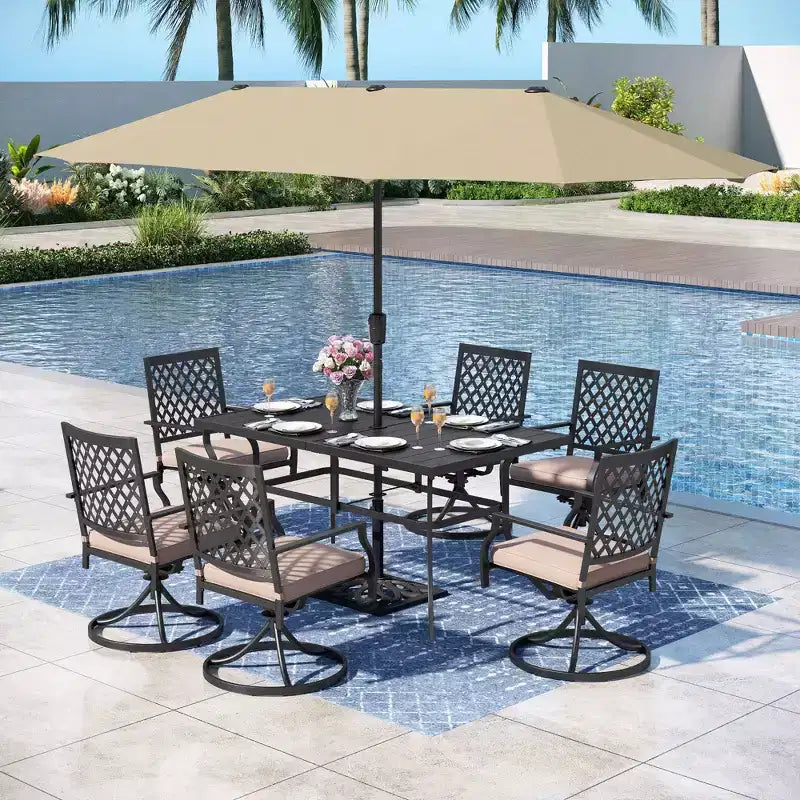 Captiva Designs 8-teiliges Ess-Set für die Terrasse mit rechteckigem Stahltisch, schwarzen Stahlstühlen und beigefarbenem Sonnenschirm
