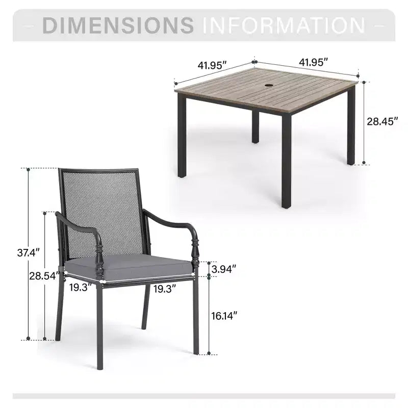 Captiva Designs 5pc Patio Dining Steel Table with Umbrella Hole & Metal Chairs with Cushions