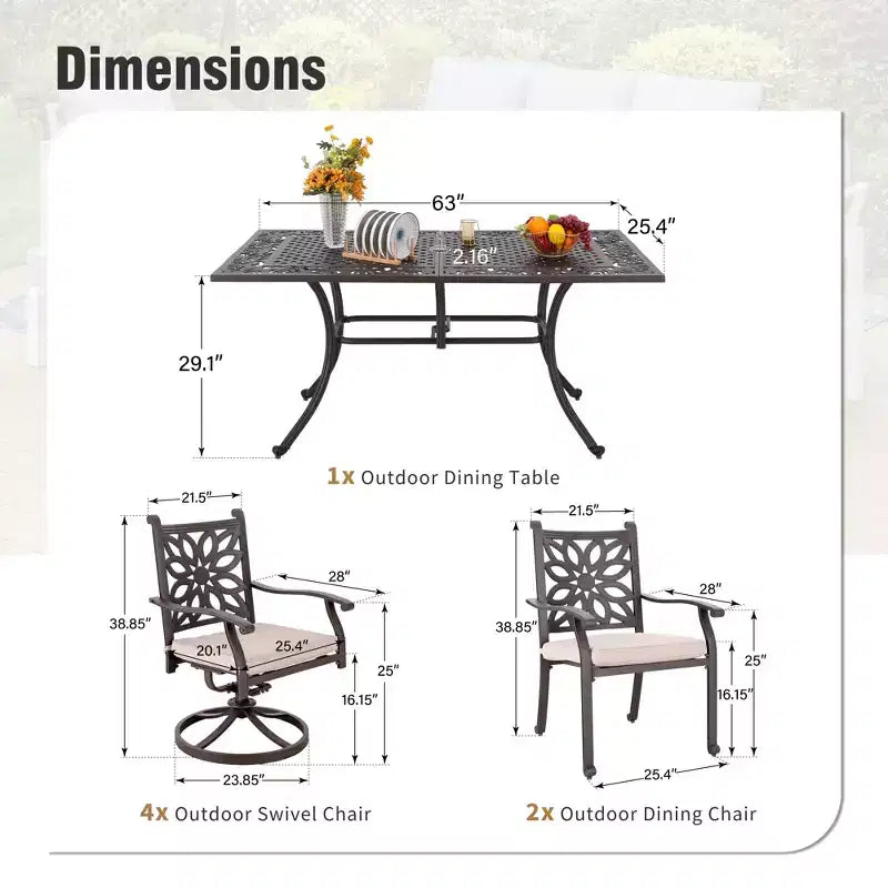 Captiva Designs 7PC Cast Aluminum Patio Dining Set with Rectangle Table & Flower Back Chairs