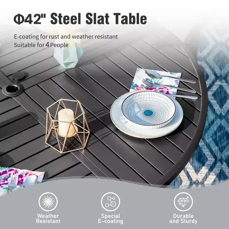 Captiva Designs 6pc Patio Dining Set with Steel Table & Blue Sling Chairs & Blue Umbrella