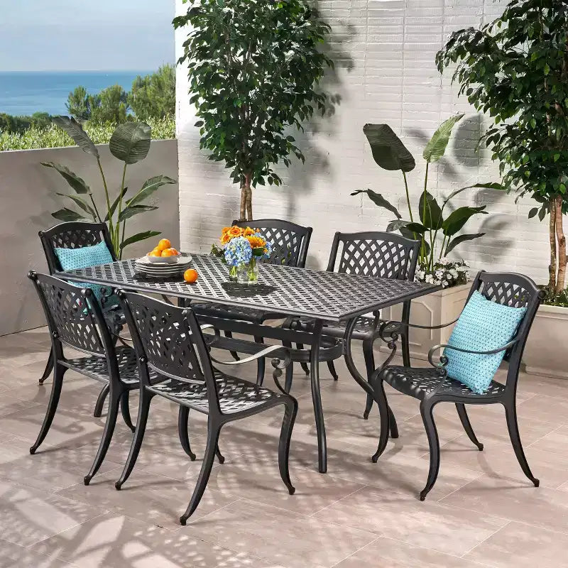 Christopher Knight Home Bonneville Outdoor Cast Aluminum 7 Piece Dining Set with Umbrella Hole, Antique Matte Black