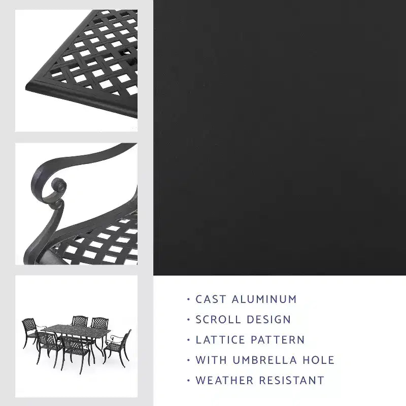 Christopher Knight Home Bonneville Outdoor Cast Aluminum 7 Piece Dining Set with Umbrella Hole, Antique Matte Black