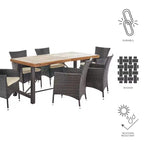 GDFStudio Plauche Outdoor Wicker and Acacia Wood 7 Piece Dining Set with Cushion, Teak/Multibrown/Beige