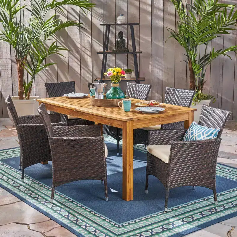 GDFStudio Aloha Outdoor Acacia Wood and Wicker 7 Piece Expandable Dining Set
