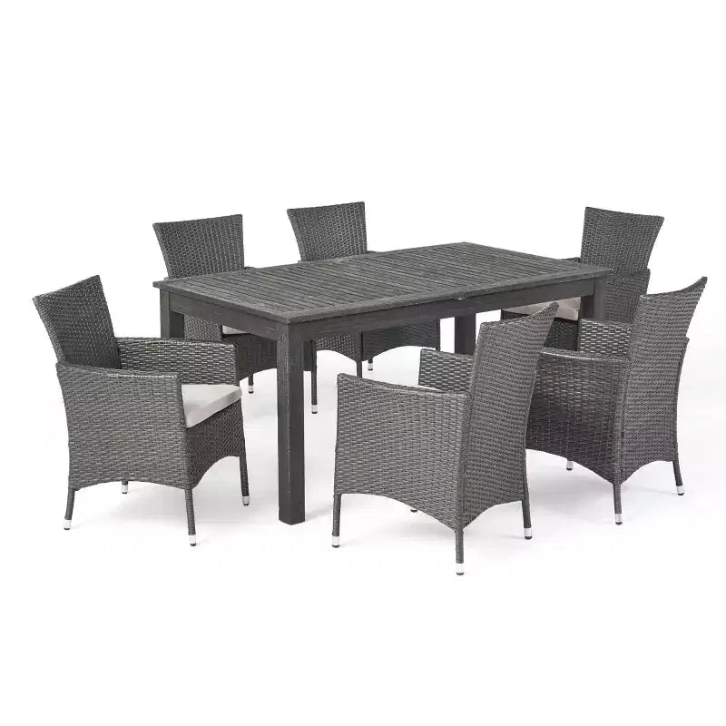 GDFStudio Aloha Outdoor Acacia Wood and Wicker 7 Piece Expandable Dining Set