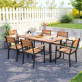 Costway 7 PCS Acacia Wood Patio Dining Set 6 Armchairs and 69 Table with 2 Umbrella Hole