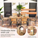 Costway 7 PCS Acacia Wood Patio Dining Set 6 Armchairs and 69 Table with 2 Umbrella Hole