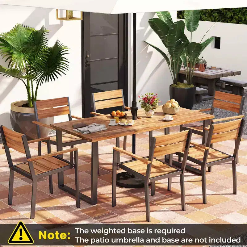 Costway 7 PCS Acacia Wood Patio Dining Set 6 Armchairs and 69 Table with 2 Umbrella Hole
