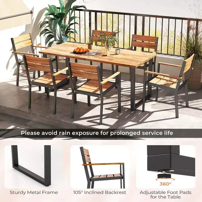Costway 7 PCS Acacia Wood Patio Dining Set 6 Armchairs and 69 Table with 2 Umbrella Hole