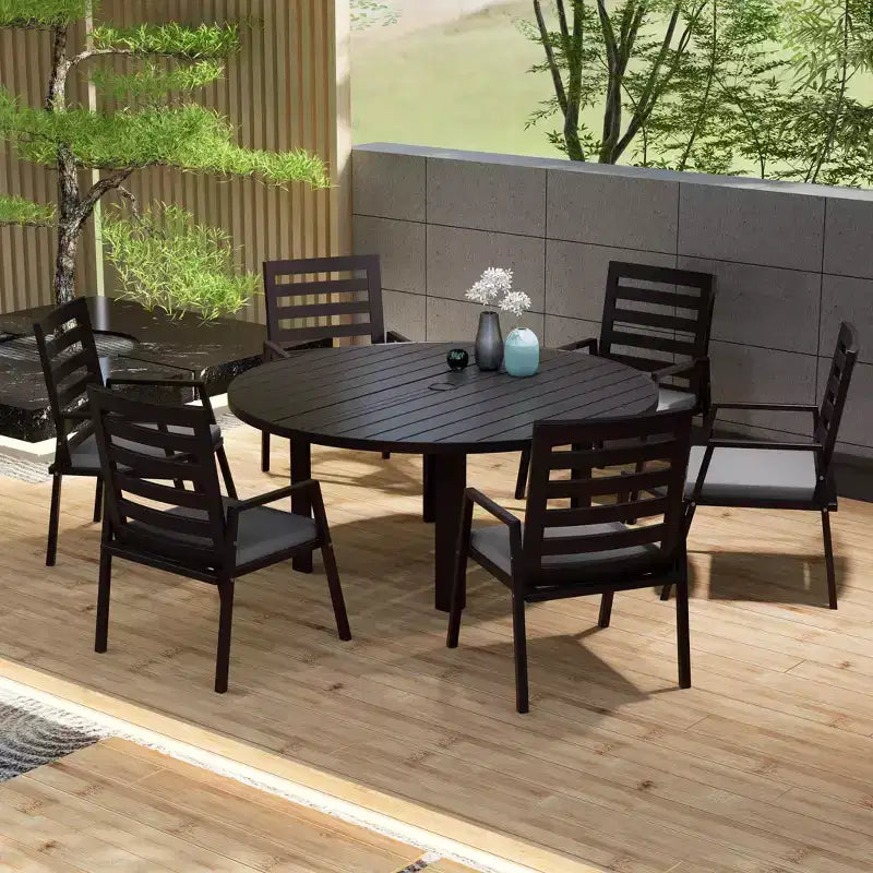 LeisureMod Chelsea 7-Piece Patio Dining Set, 60 Round Aluminum Dining Table and 6 Dining Armchair