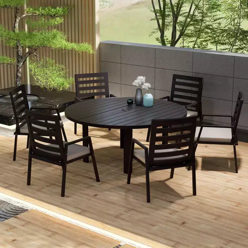 LeisureMod Chelsea 7-Piece Patio Dining Set, 60 Round Aluminum Dining Table and 6 Dining Armchair