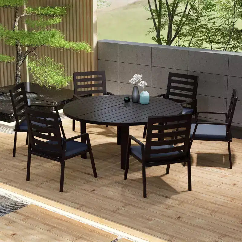 LeisureMod Chelsea 7-Piece Patio Dining Set, 60 Round Aluminum Dining Table and 6 Dining Armchair