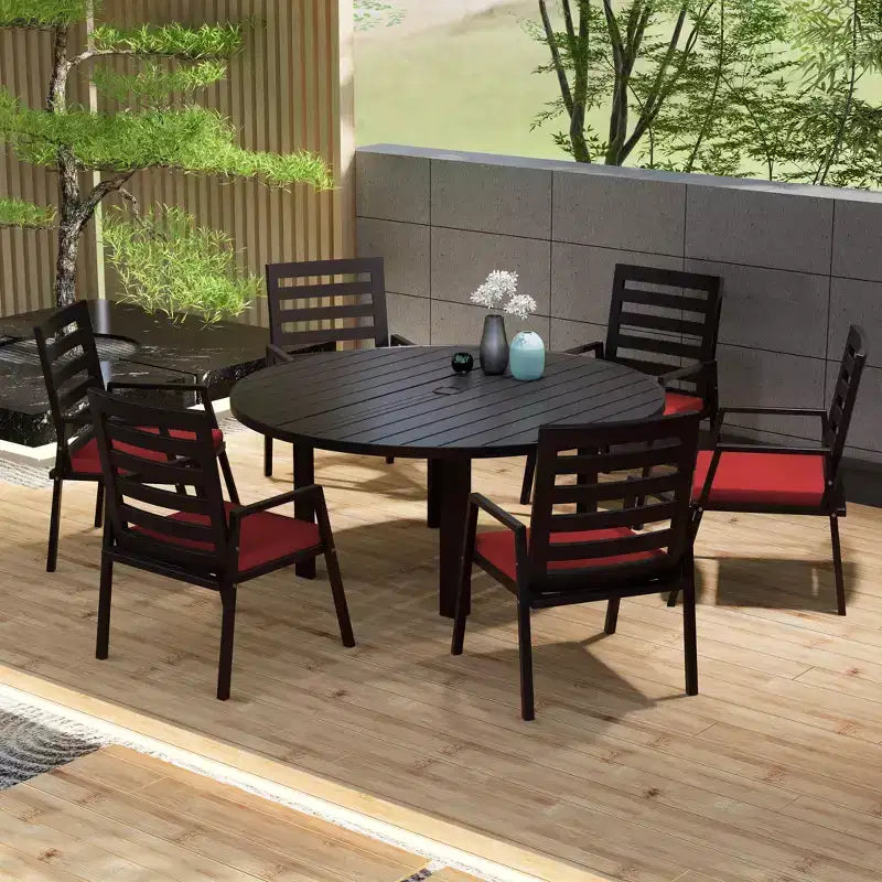 LeisureMod Chelsea 7-Piece Patio Dining Set, 60 Round Aluminum Dining Table and 6 Dining Armchair