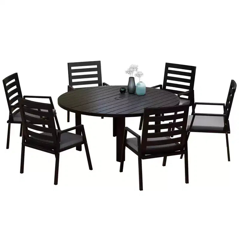 LeisureMod Chelsea 7-Piece Patio Dining Set, 60 Round Aluminum Dining Table and 6 Dining Armchair