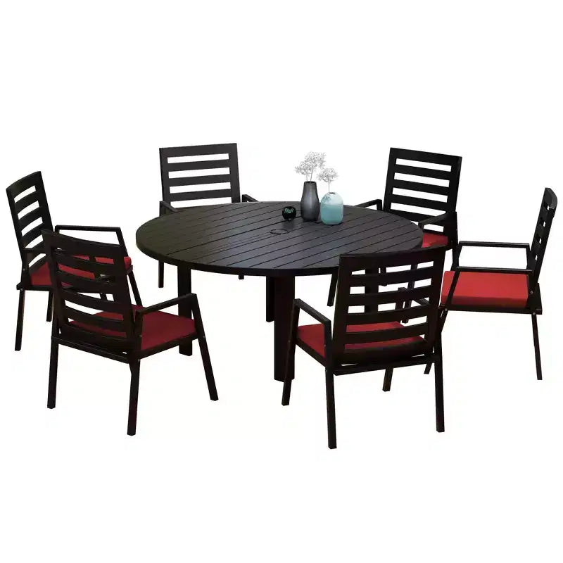 Set da pranzo da patio LeisureMod Chelsea da 7 pezzi, tavolo da pranzo rotondo in alluminio da 60 e 6 sedie da pranzo con braccioli