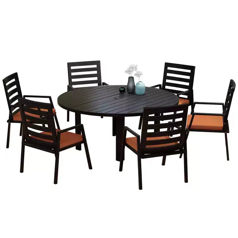 Set da pranzo da patio LeisureMod Chelsea da 7 pezzi, tavolo da pranzo rotondo in alluminio da 60 e 6 sedie da pranzo con braccioli