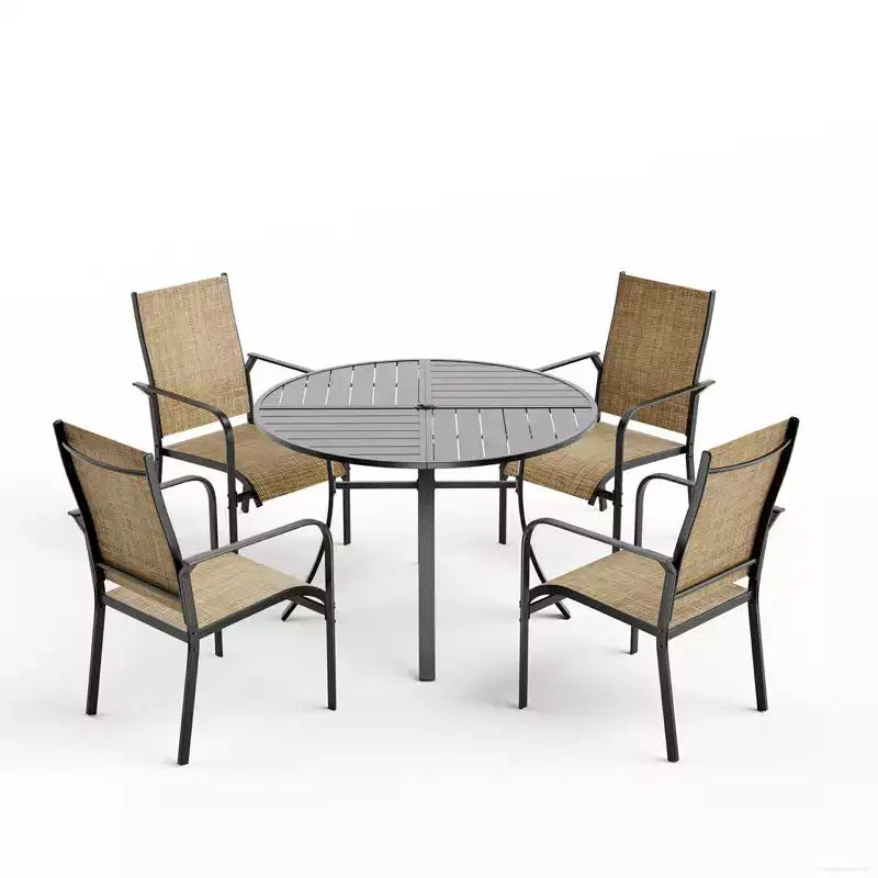 EROMMY 5 Piece Patio Dining Set, Outdoor Dining Table And Chairs Set For 4, 4 Textilene Chairs, 1 Iron Round Table With Adjustable Umbrella Hole