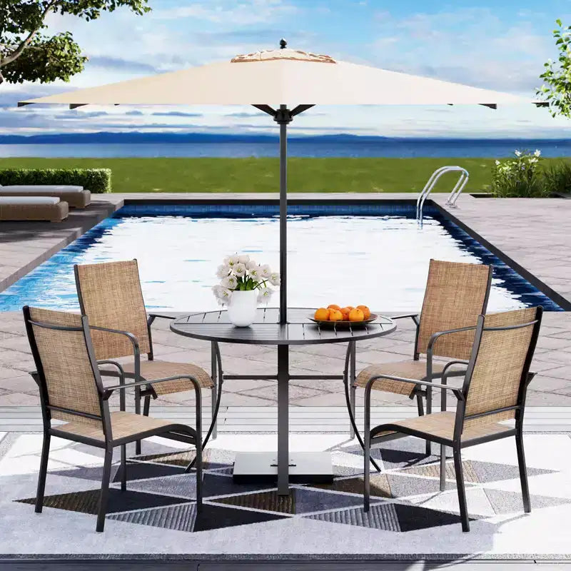 EROMMY 5 Piece Patio Dining Set, Outdoor Dining Table And Chairs Set For 4, 4 Textilene Chairs, 1 Iron Round Table With Adjustable Umbrella Hole