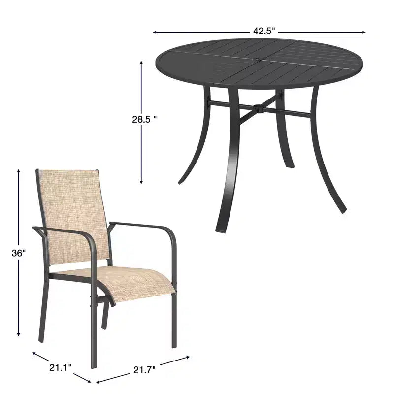 EROMMY 5 Piece Patio Dining Set, Outdoor Dining Table And Chairs Set For 4, 4 Textilene Chairs, 1 Iron Round Table With Adjustable Umbrella Hole