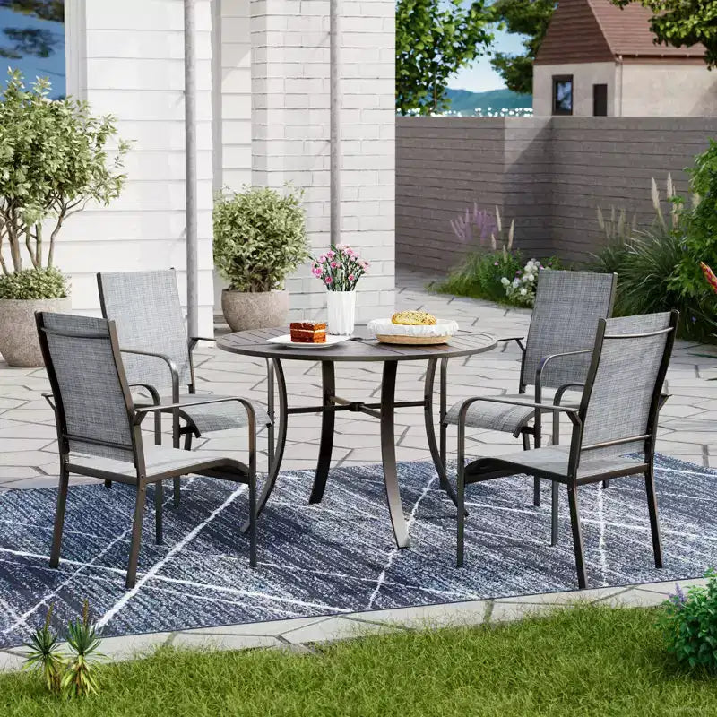 EROMMY 5 Piece Patio Dining Set, Outdoor Dining Table And Chairs Set For 4, 4 Textilene Chairs, 1 Iron Round Table With Adjustable Umbrella Hole