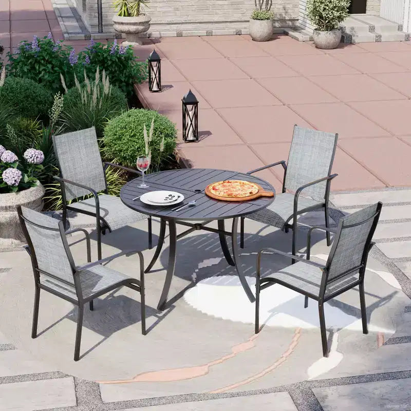 EROMMY 5 Piece Patio Dining Set, Outdoor Dining Table And Chairs Set For 4, 4 Textilene Chairs, 1 Iron Round Table With Adjustable Umbrella Hole