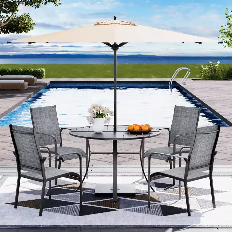EROMMY 5 Piece Patio Dining Set, Outdoor Dining Table And Chairs Set For 4, 4 Textilene Chairs, 1 Iron Round Table With Adjustable Umbrella Hole