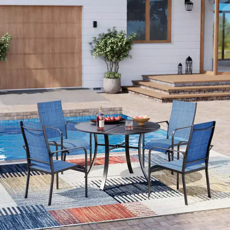 EROMMY 5 Piece Patio Dining Set, Outdoor Dining Table And Chairs Set For 4, 4 Textilene Chairs, 1 Iron Round Table With Adjustable Umbrella Hole