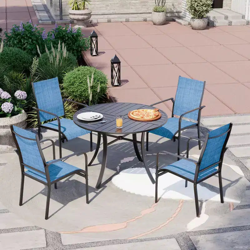 EROMMY 5 Piece Patio Dining Set, Outdoor Dining Table And Chairs Set For 4, 4 Textilene Chairs, 1 Iron Round Table With Adjustable Umbrella Hole