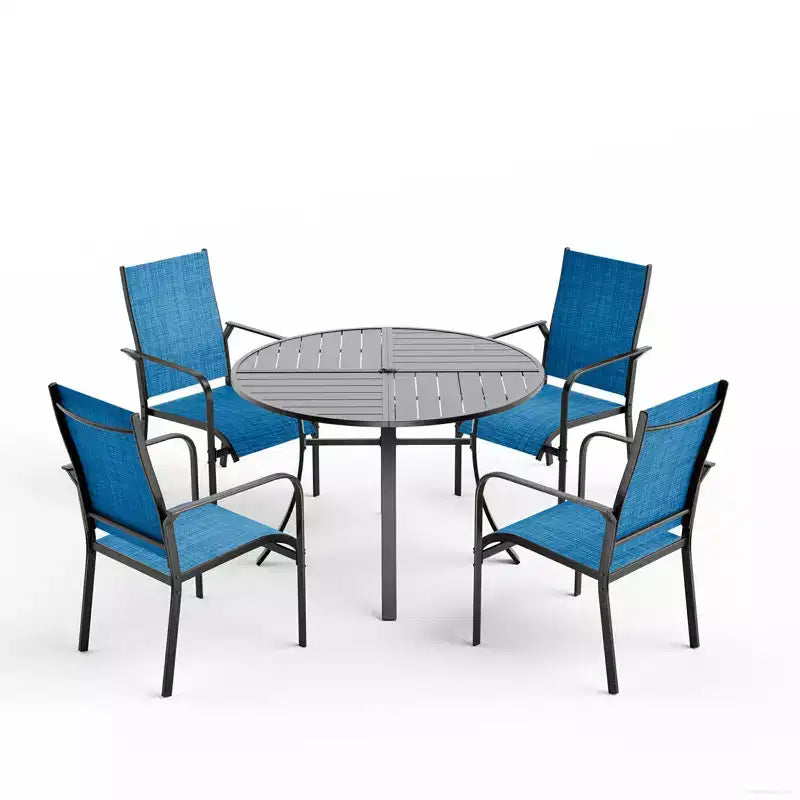 EROMMY 5 Piece Patio Dining Set, Outdoor Dining Table And Chairs Set For 4, 4 Textilene Chairs, 1 Iron Round Table With Adjustable Umbrella Hole