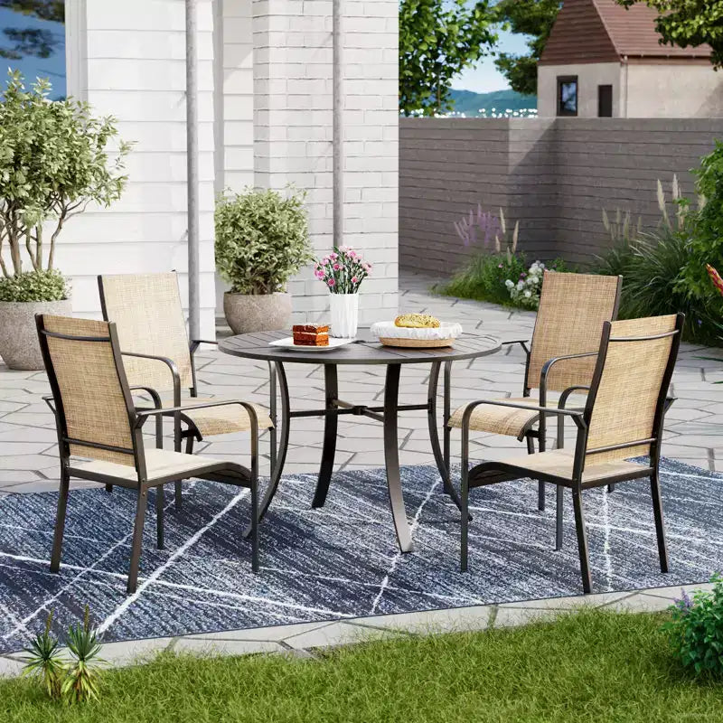 EROMMY 5 Piece Patio Dining Set, Outdoor Dining Table And Chairs Set For 4, 4 Textilene Chairs, 1 Iron Round Table With Adjustable Umbrella Hole