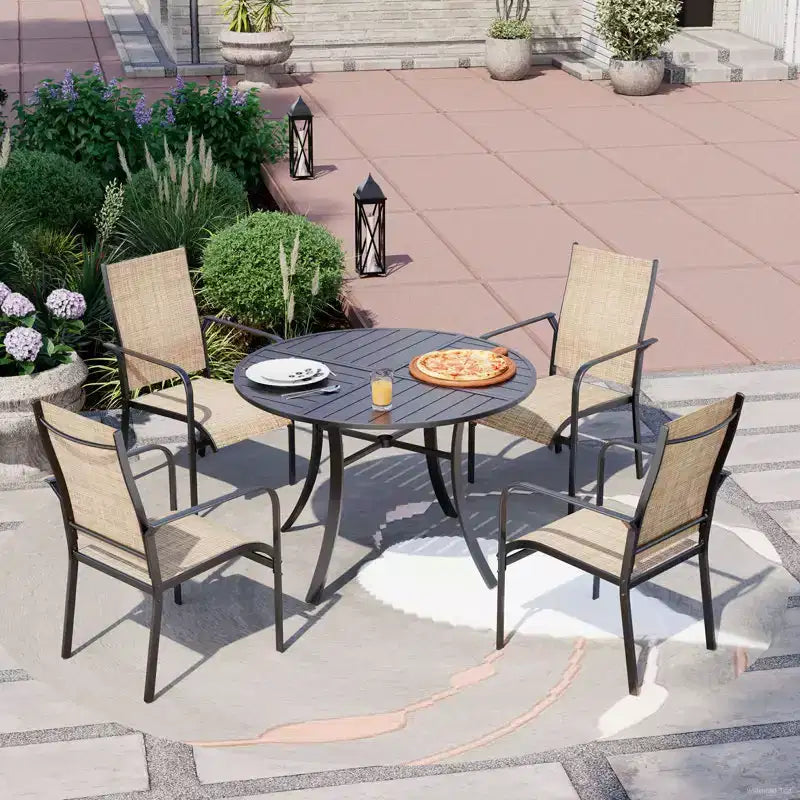 EROMMY 5 Piece Patio Dining Set, Outdoor Dining Table And Chairs Set For 4, 4 Textilene Chairs, 1 Iron Round Table With Adjustable Umbrella Hole