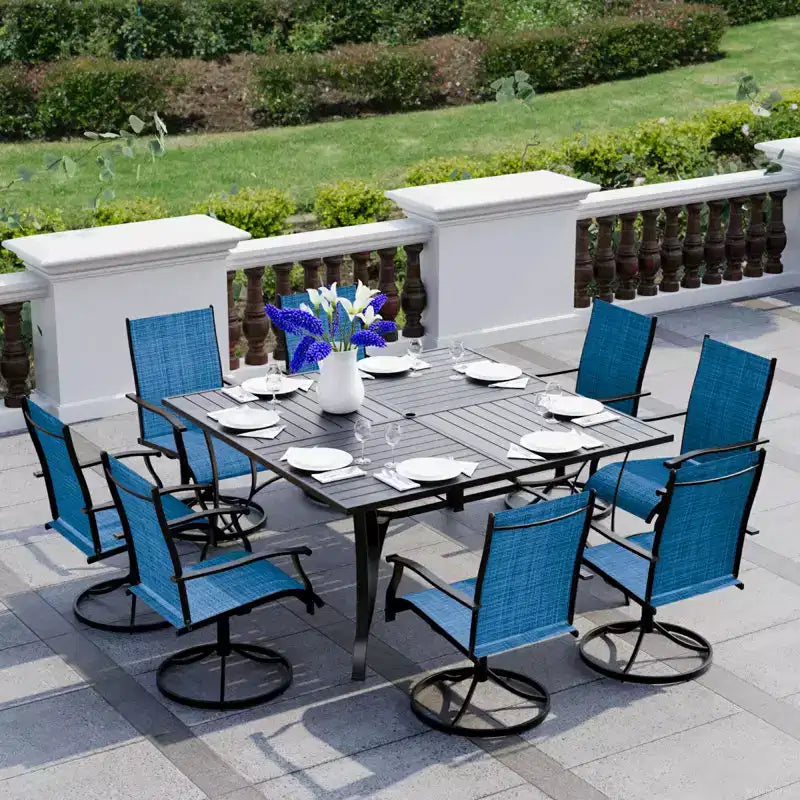 EROMMY 9 Piece Patio Dining Set, Outdoor Dining Table And Chairs Set For 8,Patio Furniture Set For Deck, Backyard, Lawn, Poolside, Brown/gray/blue