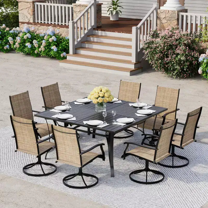 EROMMY 9 Piece Patio Dining Set, Outdoor Dining Table And Chairs Set For 8,Patio Furniture Set For Deck, Backyard, Lawn, Poolside, Brown/gray/blue