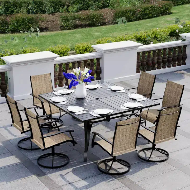 EROMMY 9-teiliges Essplatz-Set für die Terrasse, Esstisch- und Stuhlset für den Außenbereich für 8 Personen, Gartenmöbel-Set für Terrasse, Hinterhof, Rasen und Poolbereich, Braun/Grau/Blau