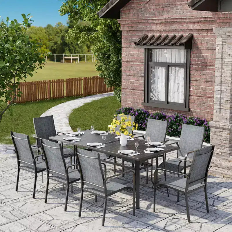 EROMMY 9 Piece Patio Dining Set, Outdoor Dining Table And Chairs Set For 8, 8 Textilene Chairs, 1 Iron Rectangular Table With Adjustable Umbrella Hole