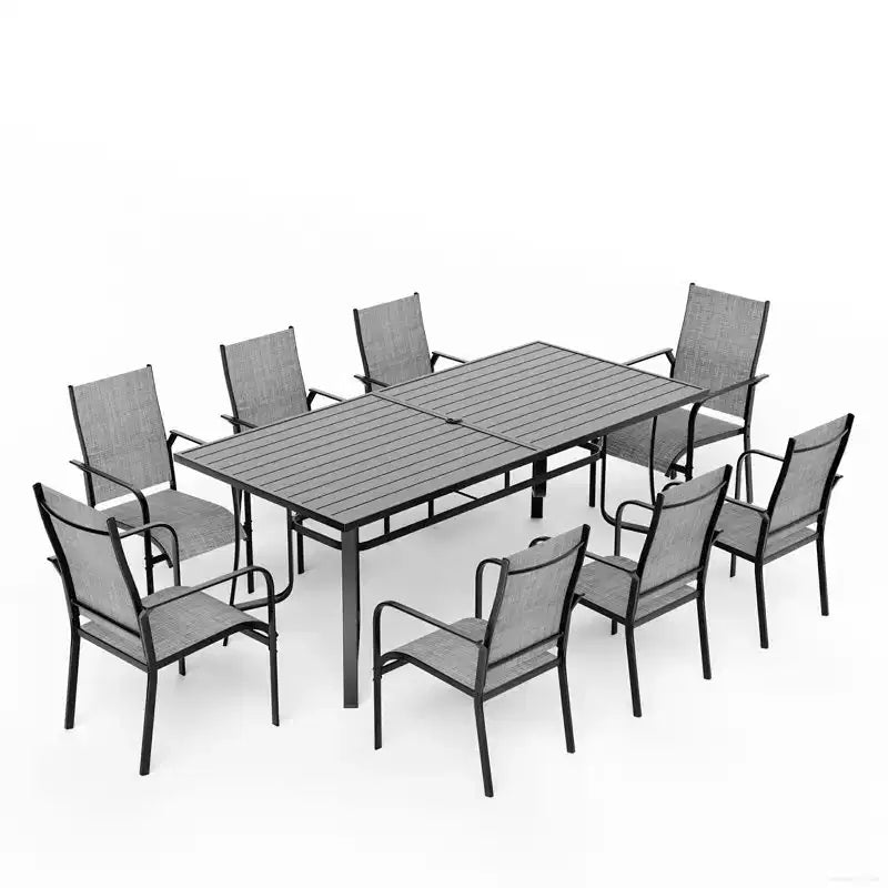 EROMMY 9 Piece Patio Dining Set, Outdoor Dining Table And Chairs Set For 8, 8 Textilene Chairs, 1 Iron Rectangular Table With Adjustable Umbrella Hole