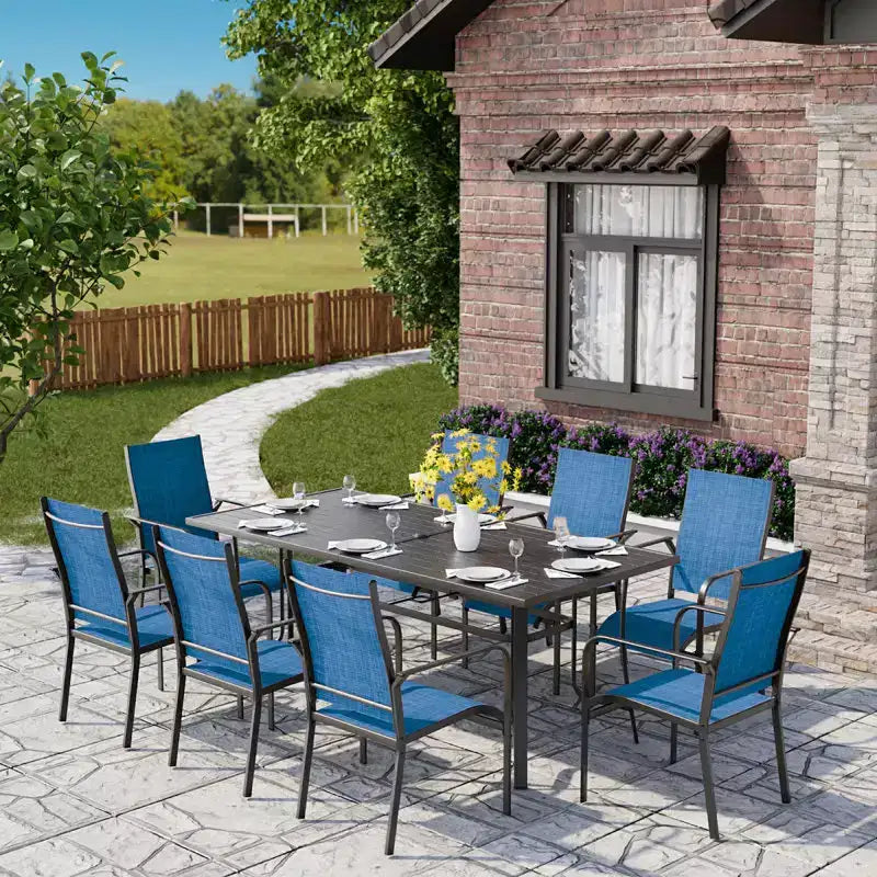EROMMY 9 Piece Patio Dining Set, Outdoor Dining Table And Chairs Set For 8, 8 Textilene Chairs, 1 Iron Rectangular Table With Adjustable Umbrella Hole