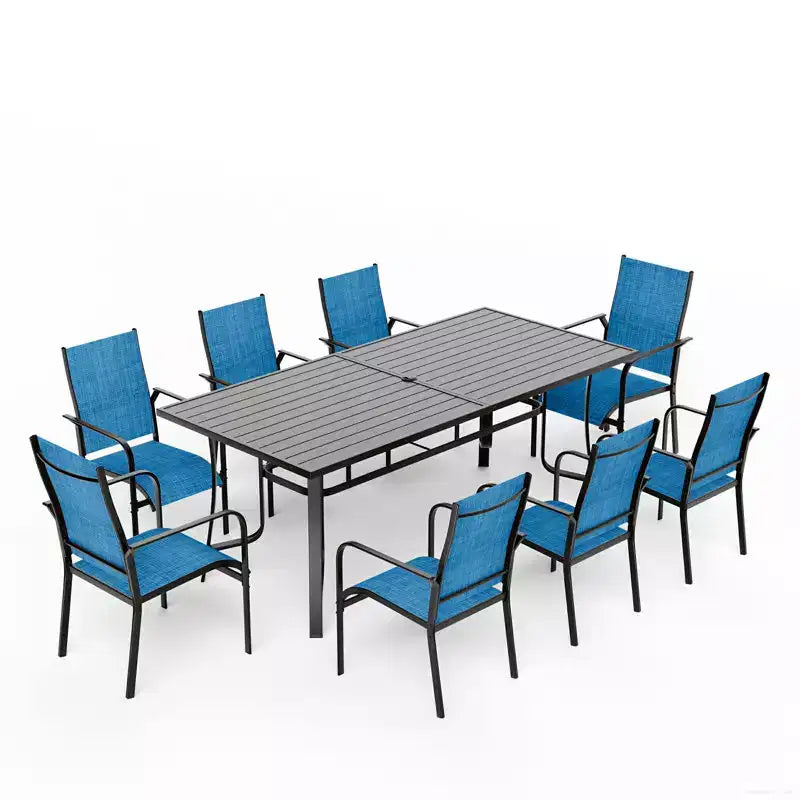 EROMMY 9 Piece Patio Dining Set, Outdoor Dining Table And Chairs Set For 8, 8 Textilene Chairs, 1 Iron Rectangular Table With Adjustable Umbrella Hole