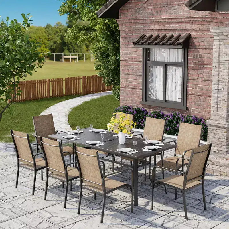 EROMMY 9 Piece Patio Dining Set, Outdoor Dining Table And Chairs Set For 8, 8 Textilene Chairs, 1 Iron Rectangular Table With Adjustable Umbrella Hole