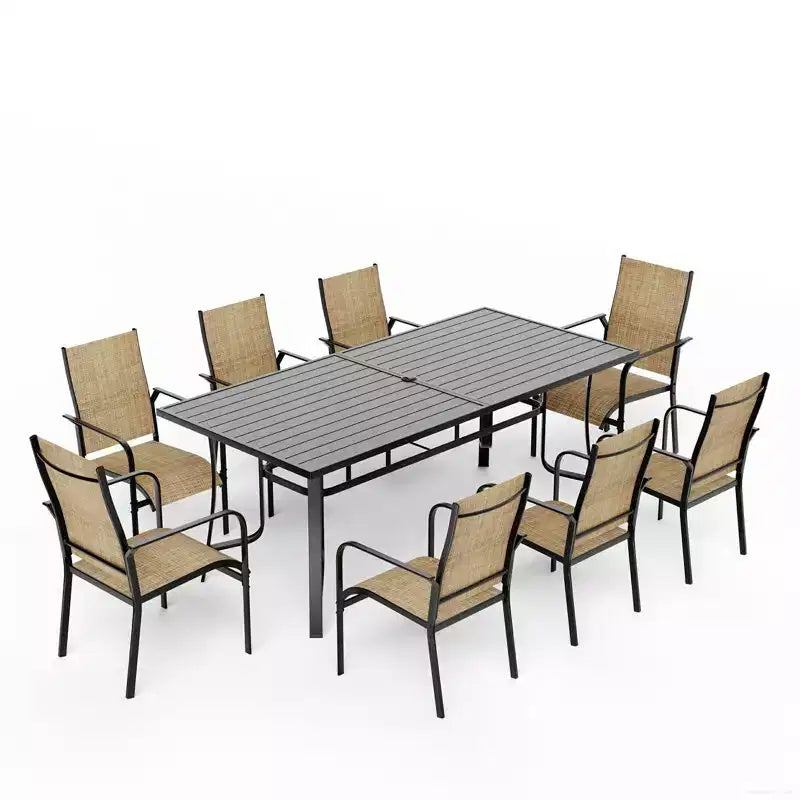 EROMMY 9 Piece Patio Dining Set, Outdoor Dining Table And Chairs Set For 8, 8 Textilene Chairs, 1 Iron Rectangular Table With Adjustable Umbrella Hole