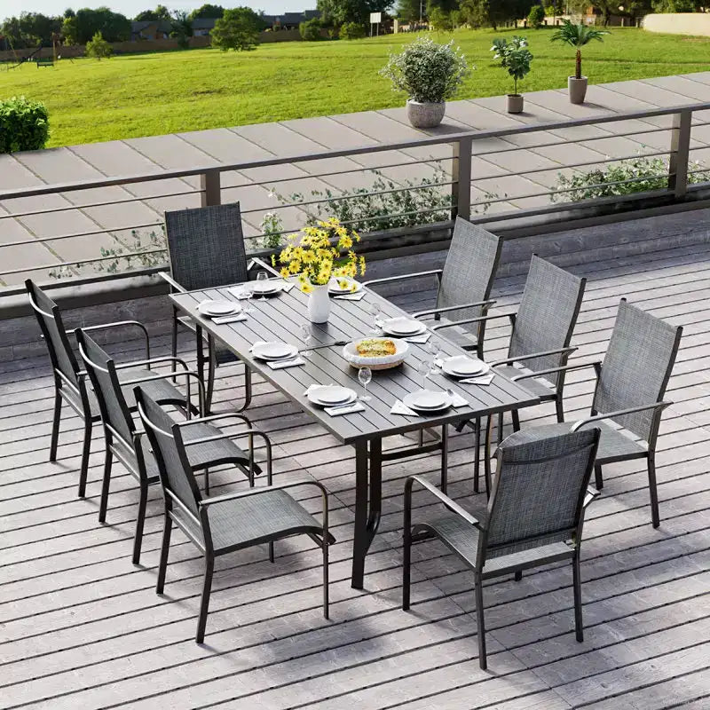 EROMMY 9-teiliges Terrassen-Esszimmer-Set, Outdoor-Esstisch- und Stuhlset für 8 Personen, 8 Textilene-Stühle, 1 rechteckiger Eisentisch mit verstellbarer Sonnenschirmöffnung