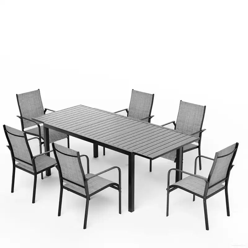 EROMMY 7 Piece Patio Expandable Table Dining Set, Outdoor Dining Table And Chairs Set For 4 To 8, 6 Textilene Chairs, 1 Iron Expandable Dining Table